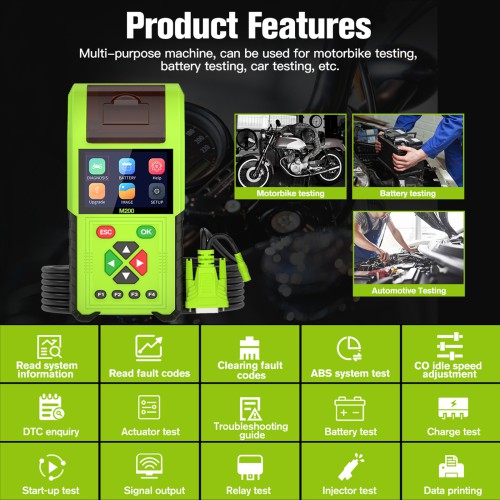 JDiag M200 Handheld Motorcycle Diagnostic Tool, Dual System Motorcycle Tester + Professional Battery Tester Full Version